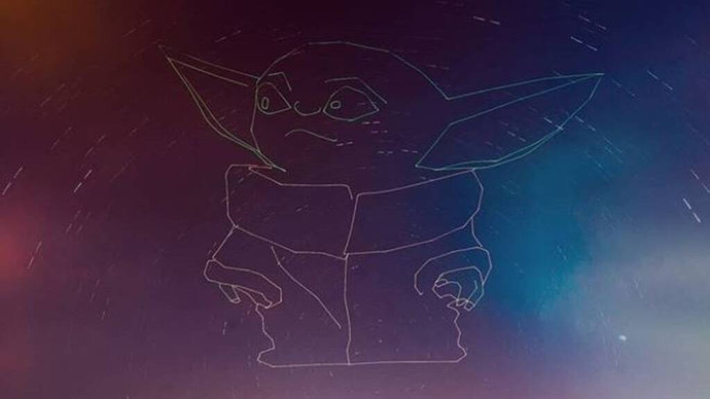 Drone tekent Baby Yoda in de lucht