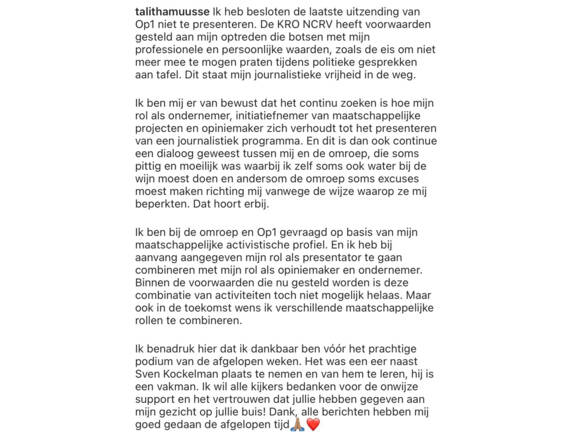Presentator Talitha Muusse Niet In Laatste Op1 Op Zondag Nos