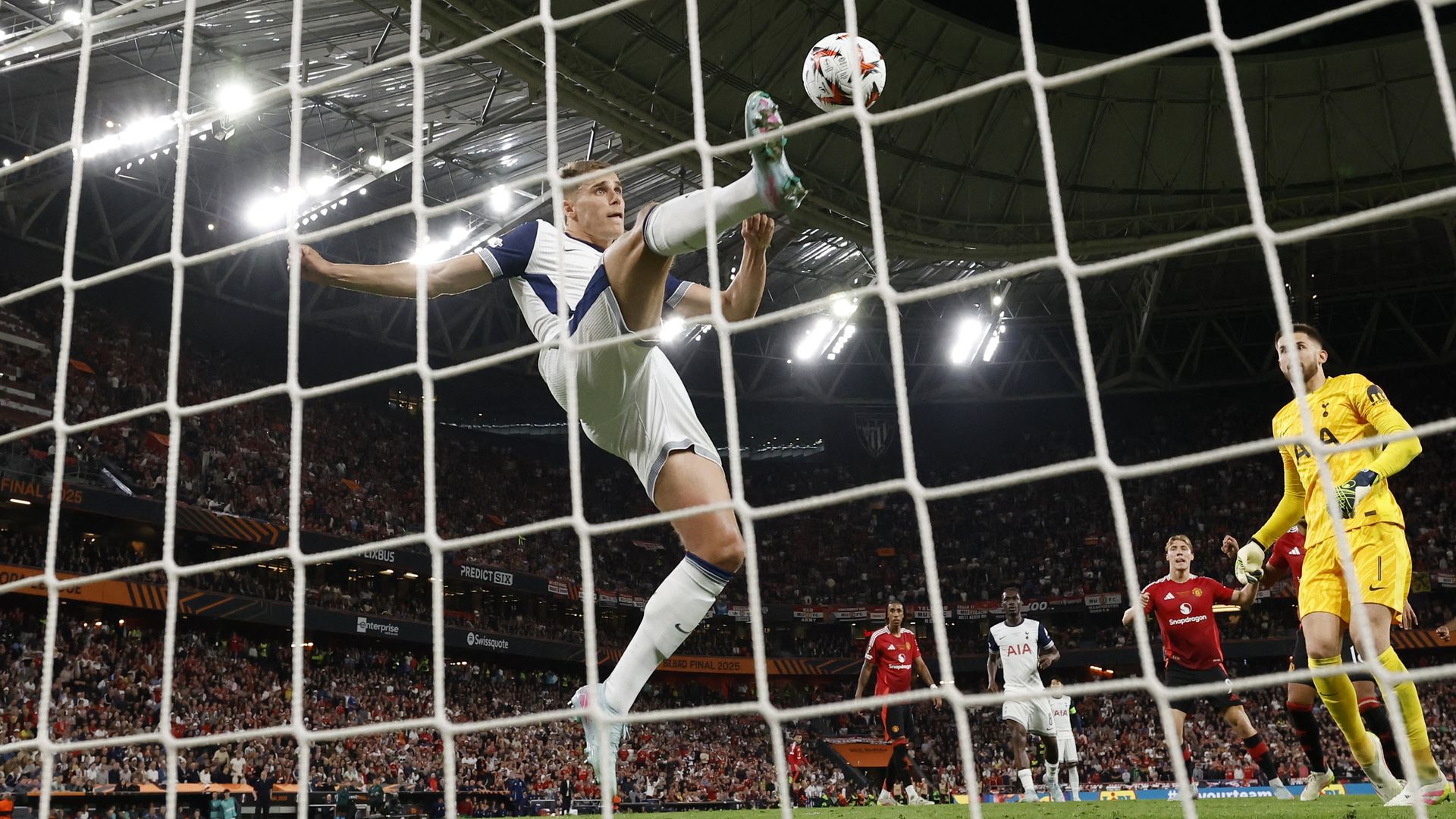Micky van de Ven celebrating Tottenham's Europa League win