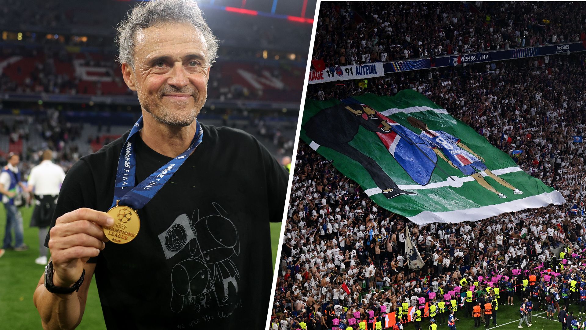Luis Enrique wearing a tribute T-shirt for his daughter Xana after PSG's Champions League win.