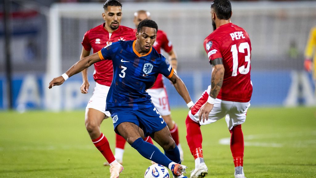 Jurriën Timber celebrates a goal during an international match for the Netherlands