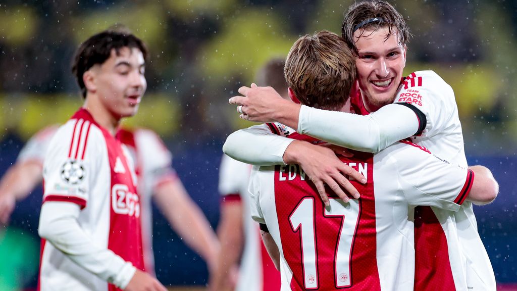 Ajax players celebrating a goal during a Champions League match against Villarreal in Spain.