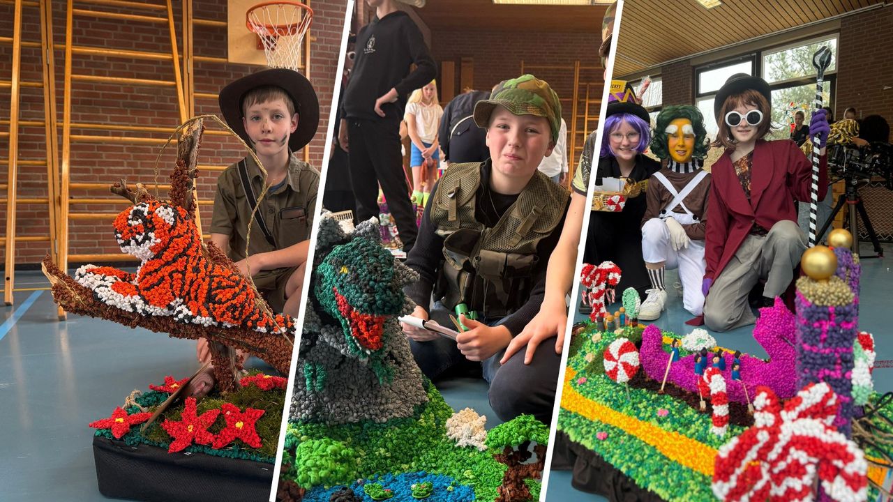 Kinderen maken praalwagens van propjes papier