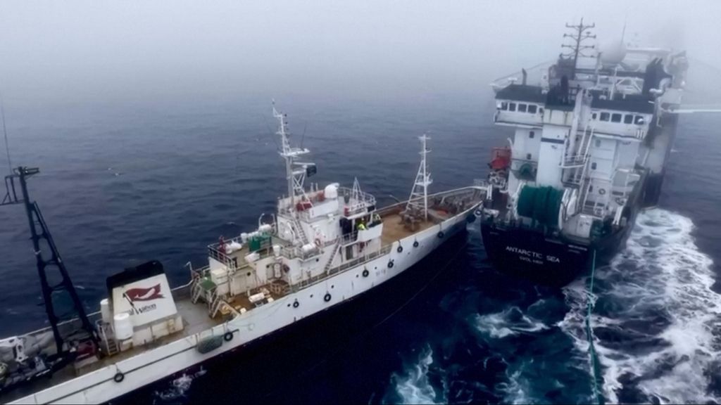 Foto: Ankers in netten, schip geraakt: activisten treffen krillvangst bij Antarctica